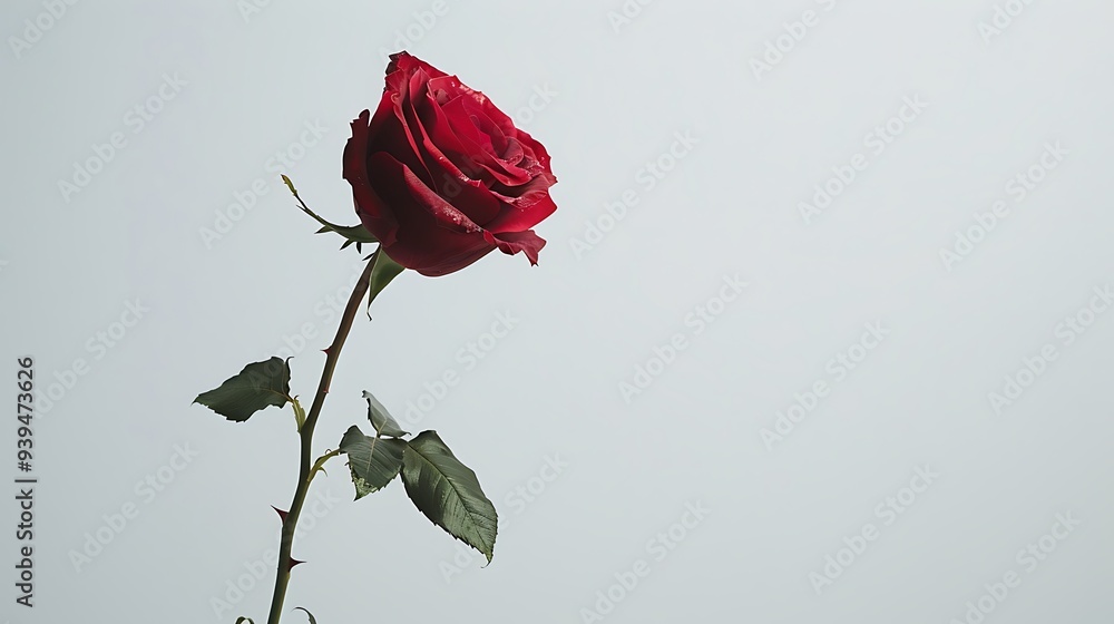 Single Red Rose with Green Stem and Leaves Against a Light Gray Background Single Red Rose with Green Stem and Leaves Against a Light Gray Background