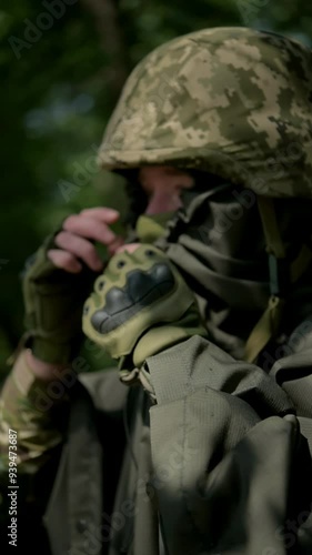 Wallpaper Mural A soldier in military uniform puts a helmet on his head. A soldier in a protective coat and gloves. War in Ukraine. A soldier prepares for an attack, assault Torontodigital.ca