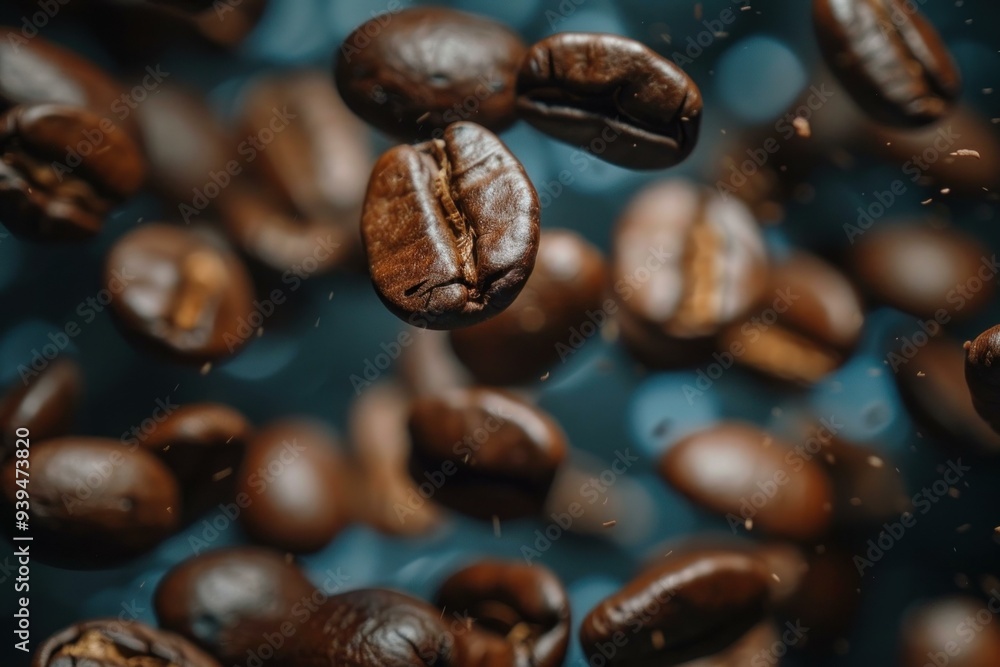 Roasted coffee beans falling down against a blue background with bokeh Roasted coffee beans falling down against a blue background with bokeh