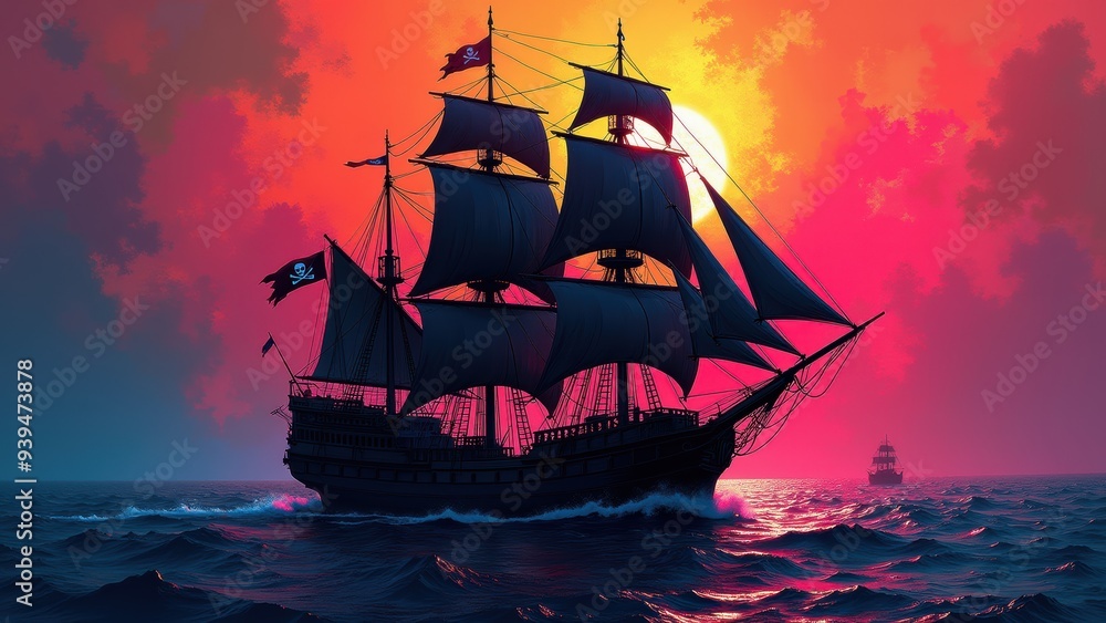 Naklejka premium Masterpiece Neon Splash Art of a Pirate Ship with Black Sails and Jolly Roger Flag