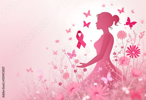 Breast Cancer Awareness Month poster design with a silhouette of a woman's head and flowers.