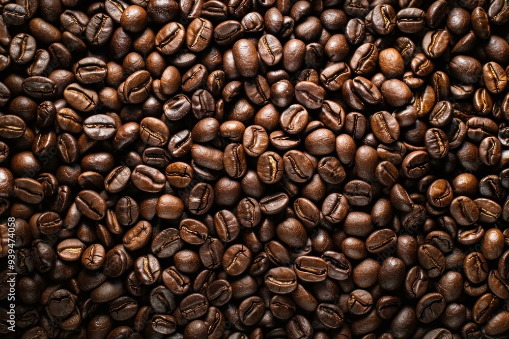 Fototapeta premium Aromatic roasted coffee beans creating a captivating background, perfect for coffee themed designs