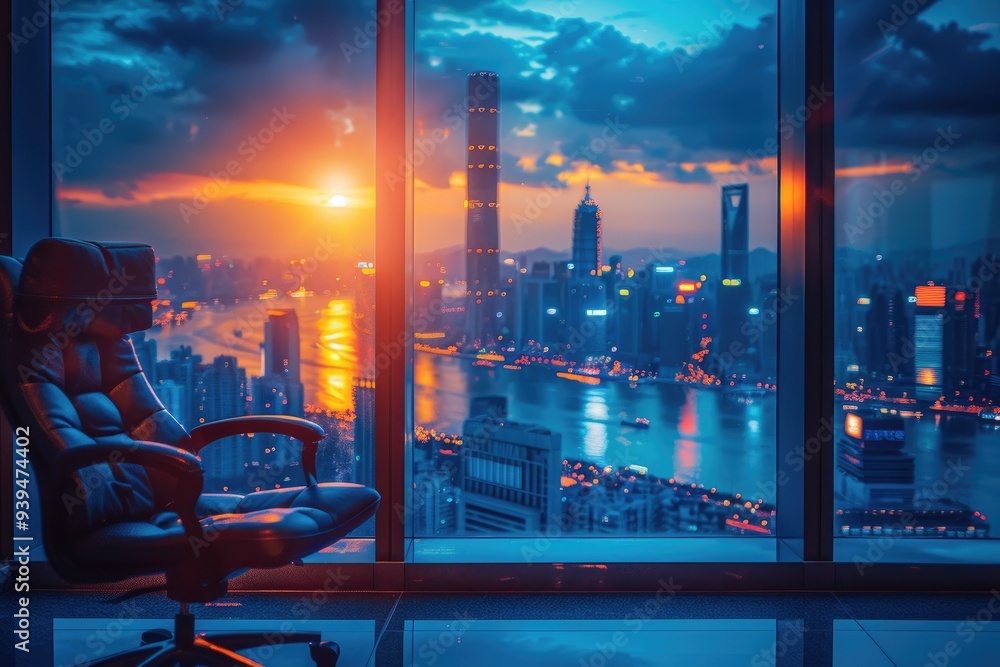 Office Chair with Cityscape Window View at Sunset Office Chair with Cityscape Window View at Sunset