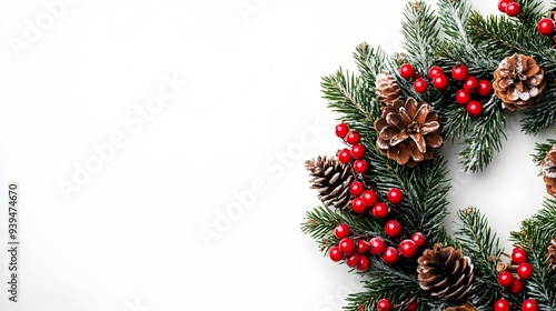 Beautifully crafted Christmas wreath adorned with pinecones red berries and evergreen foliage captured against a clean white backdrop perfect for seasonal decor or holiday greetings