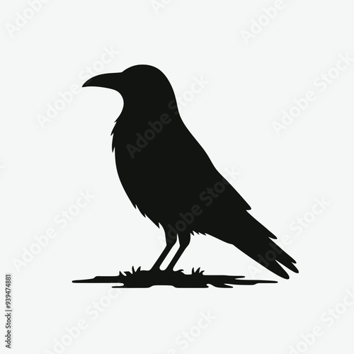  black silhouette bird, crow, very simple and single crow silhouette white background