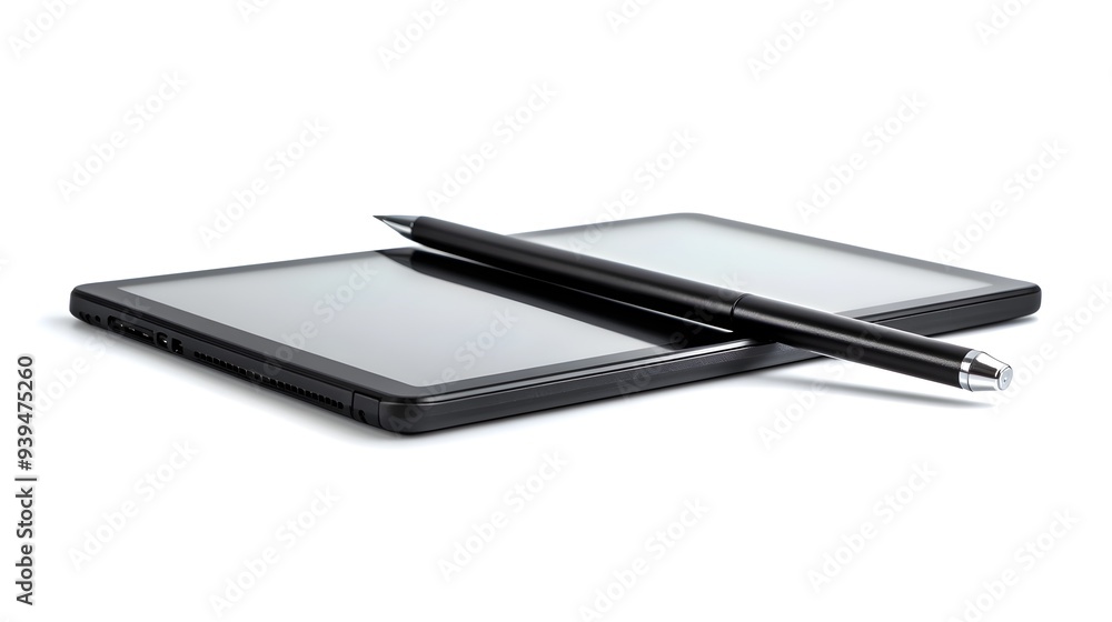 Sleek digital tablet device with stylus pen lying on a plain white background showcasing technology and business tools for digital design online communication and workspace productivity Sleek digital tablet device with stylus pen lying on a plain white background showcasing technology and business tools for digital design online communication and workspace productivity