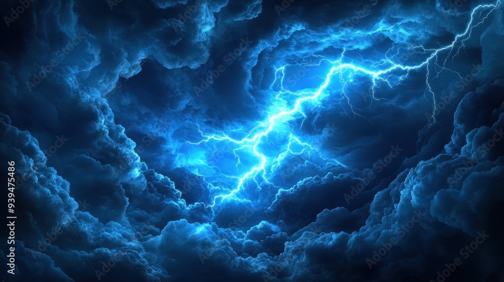 A dramatic scene of dark clouds illuminated by bright lightning. A dramatic scene of dark clouds illuminated by bright lightning.