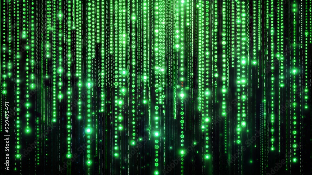 Green binary code rain, glowing digital data stream, Matrix-inspired abstract background Green binary code rain, glowing digital data stream, Matrix-inspired abstract background