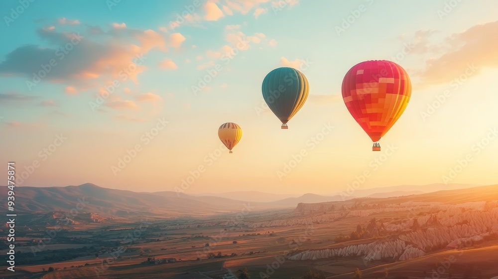 Fototapeta premium Scenic Landscape at Sunrise with Colorful Hot Air Balloons Flying