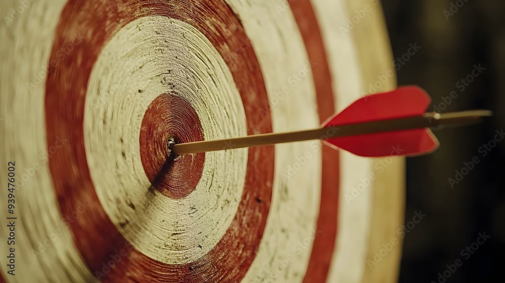 Bullseye target with arrow hitting the center symbolizing the achievement of business goals strategy and success Bullseye target with arrow hitting the center symbolizing the achievement of business goals strategy and success