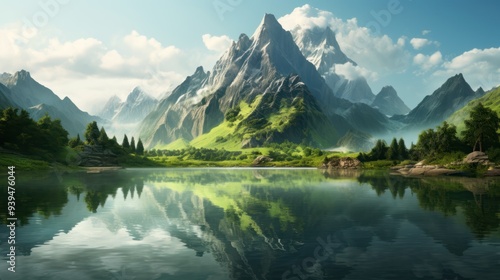 A beautiful mountain landscape with a large lake in the foreground. photo