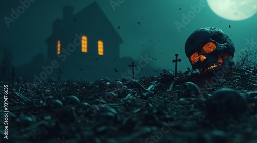 A graveyard filled with scattered bones, glowing under the moonlight, with a haunted house in the background photo