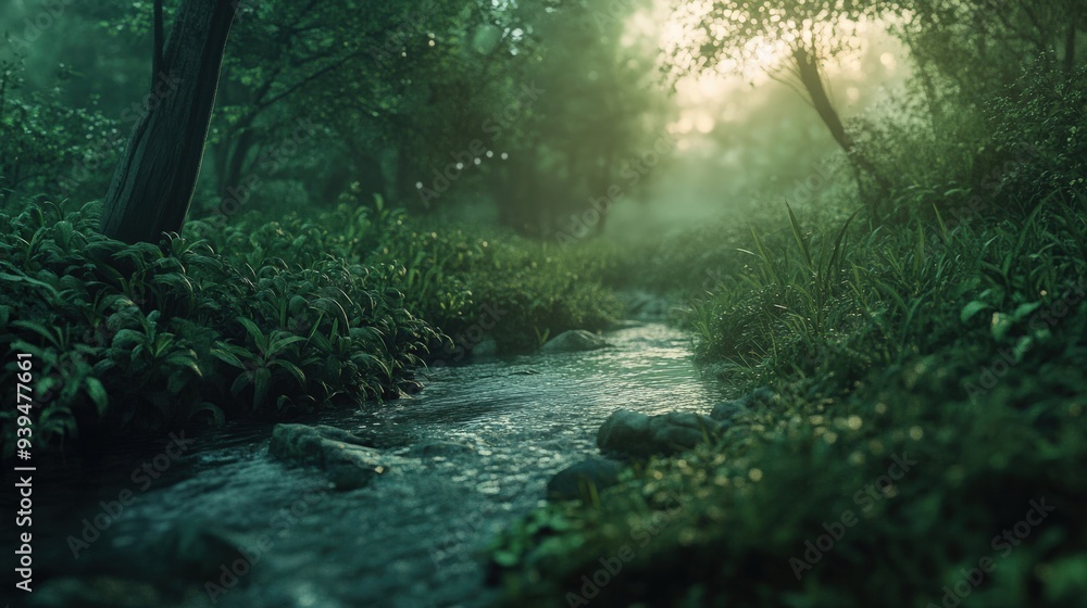 Fototapeta premium Early morning light breaks through a misty forest, illuminating a tranquil stream surrounded by vibrant green plants and soft shadows, creating a peaceful atmosphere in nature