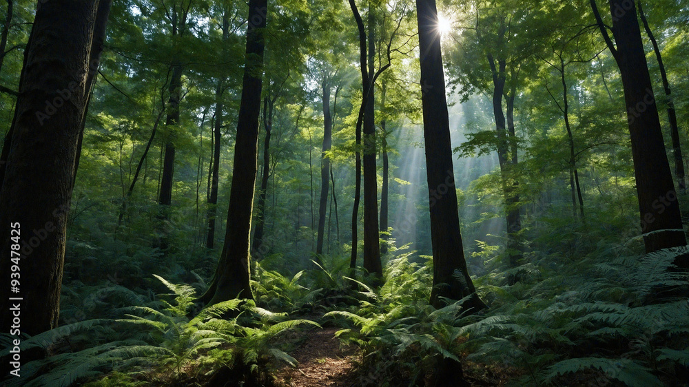 Sunlit Forest Sanctuary: Lush Ferns Beneath Ancient Canopy Sunlit Forest Sanctuary: Lush Ferns Beneath Ancient Canopy