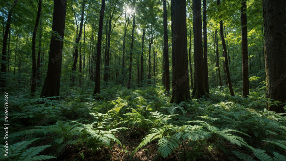 Sunlit Forest Sanctuary: Lush Ferns Beneath Ancient Canopy Sunlit Forest Sanctuary: Lush Ferns Beneath Ancient Canopy
