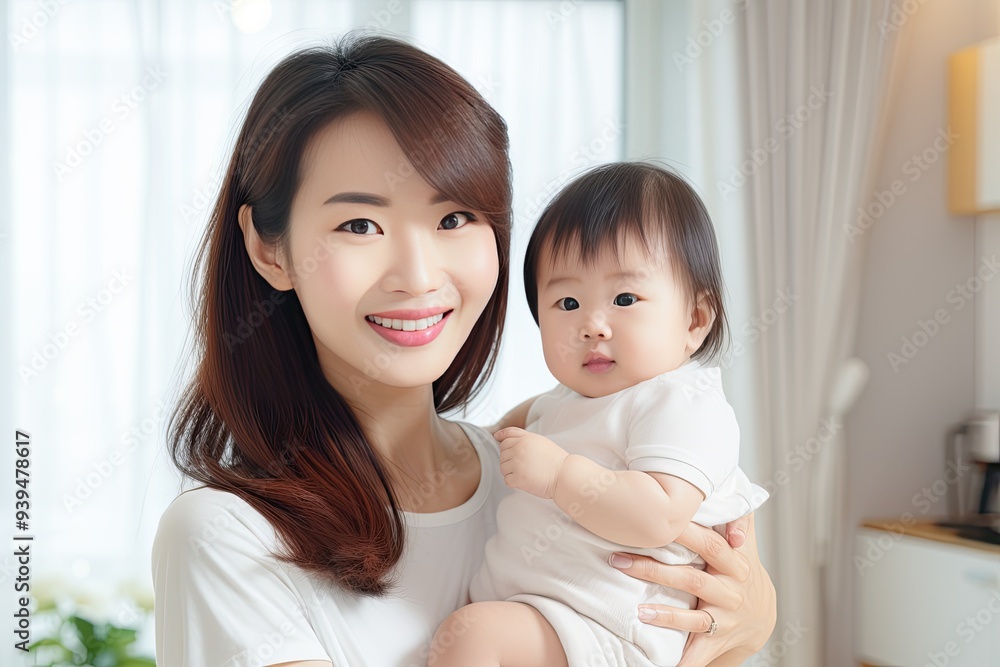 Asian Mother. family and motherhood concept - happy smiling young pretty asian mother with little baby at home interior Asian Mother. family and motherhood concept - happy smiling young pretty asian mother with little baby at home interior