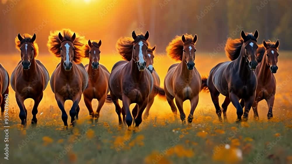 horses galloping in a herd on a field together, horses galloping in a herd on a field together,