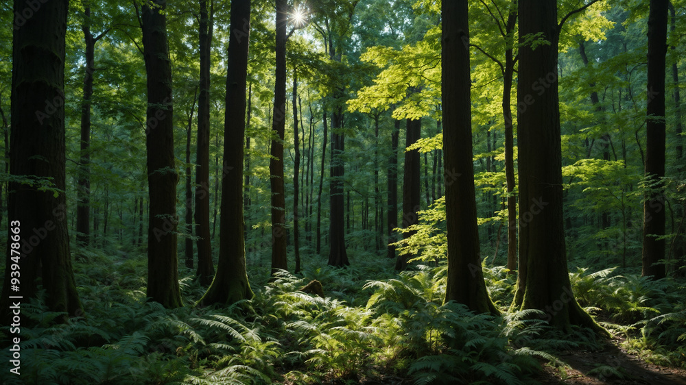 Fototapeta premium Sunlit Forest Sanctuary: Lush Ferns Beneath Ancient Canopy