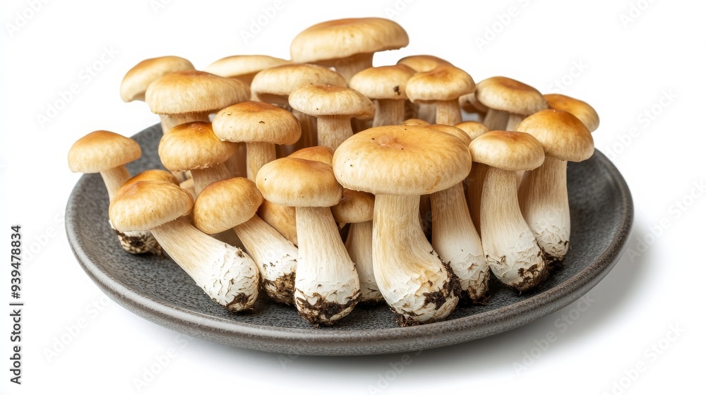 Shimeji mushrooms plated in a gray dish, photographed against a white backdrop Shimeji mushrooms plated in a gray dish, photographed against a white backdrop