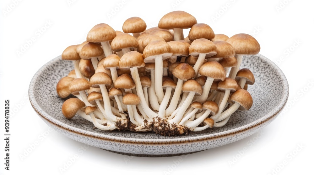 Shimeji mushrooms on gray plate, white background Shimeji mushrooms on gray plate, white background
