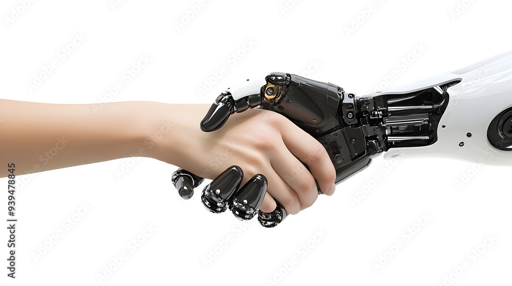Robotic and human hands shaking against a clean white background symbolizing the unity between technology and humanity in a modern corporate or business setting Robotic and human hands shaking against a clean white background symbolizing the unity between technology and humanity in a modern corporate or business setting