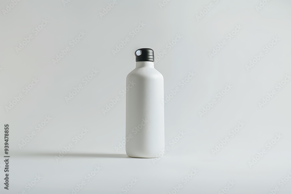 White Water Bottle with Black Lid on White Background White Water Bottle with Black Lid on White Background