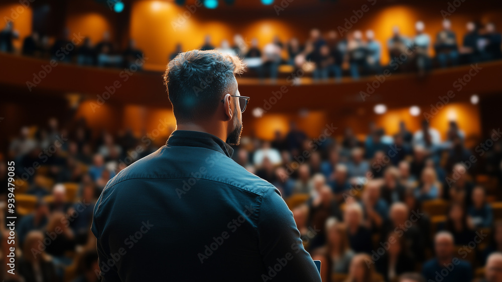 A business meeting in progress, with a speaker presenting to a diverse audience, the scene captured from the back of the room, emphasizing the professional atmosphere. Ai generated A business meeting in progress, with a speaker presenting to a diverse audience, the scene captured from the back of the room, emphasizing the professional atmosphere. Ai generated