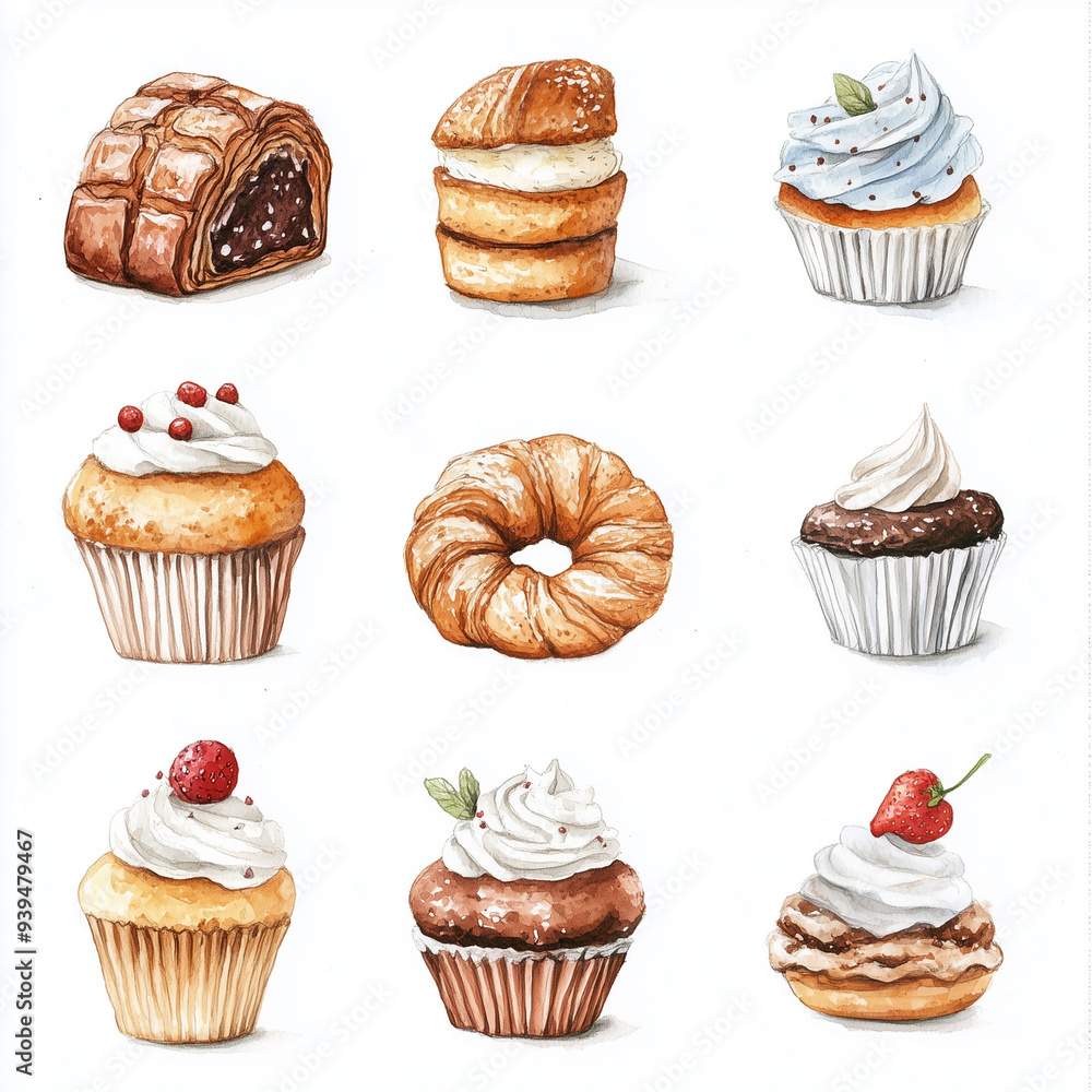 a watercolor of bakery set. a watercolor of bakery set.