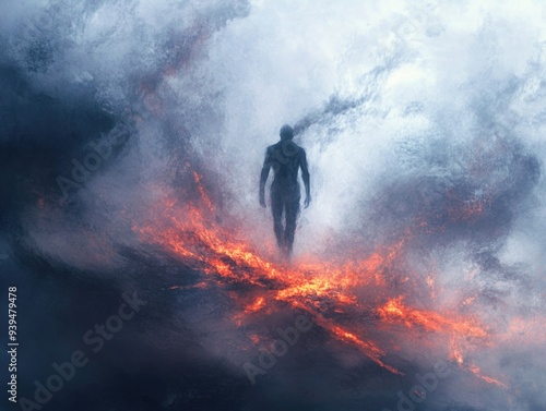 Mysterious Figure Walking Through Fiery Path in Surreal Cloudscape