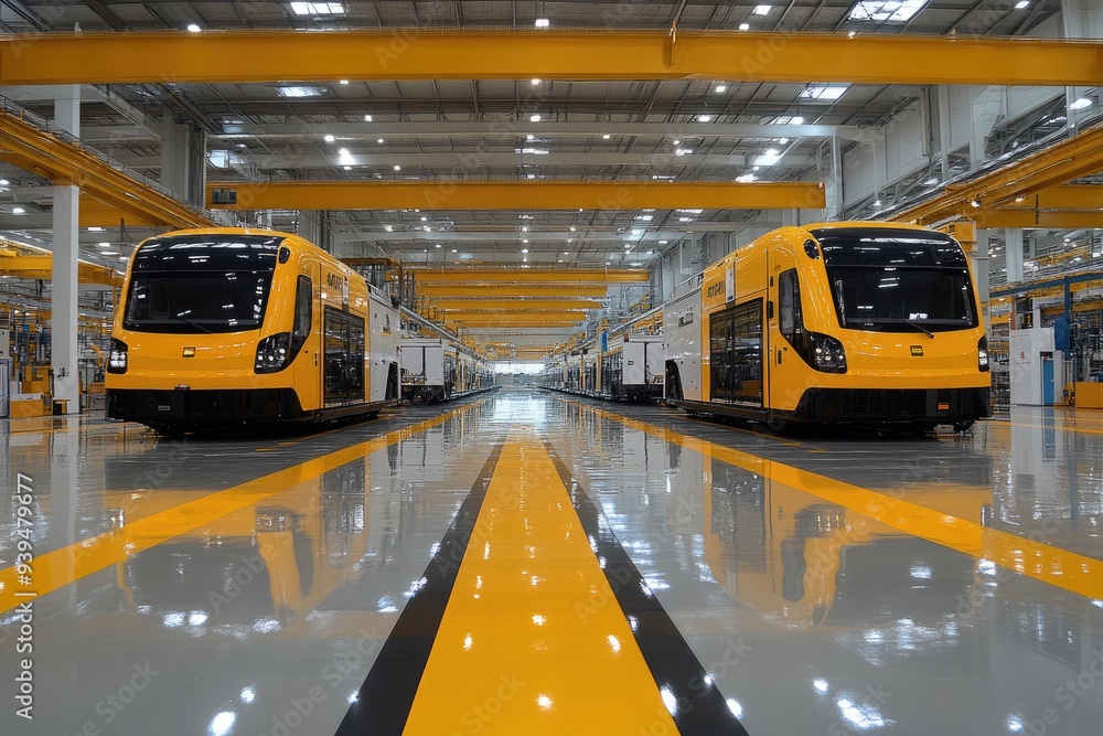 Two Yellow Trains Parked in a Factory with Yellow Overhead Cranes Two Yellow Trains Parked in a Factory with Yellow Overhead Cranes