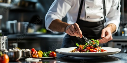 Fototapeta Naklejka Na Ścianę i Meble -  Professional Kitchen with Chef Preparing Gourmet Dish
