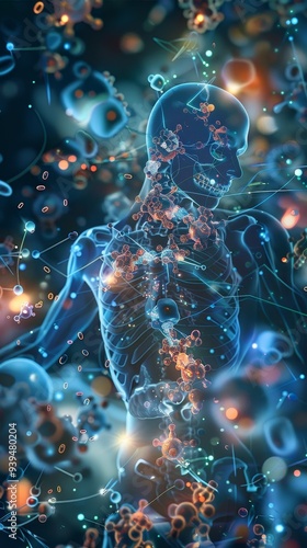 A conceptual illustration of the human body's anatomy intertwined with digital particles, representing the fusion of biology with technology and advanced health. photo