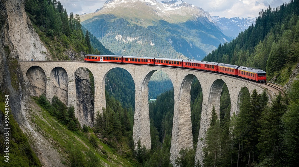 Obraz premium Train crossing Landwasser Viaduct on raethian railway in Filisur – Albula, Graubunden, Switzerland The Landwasser Viaduct is a single track limestone railway