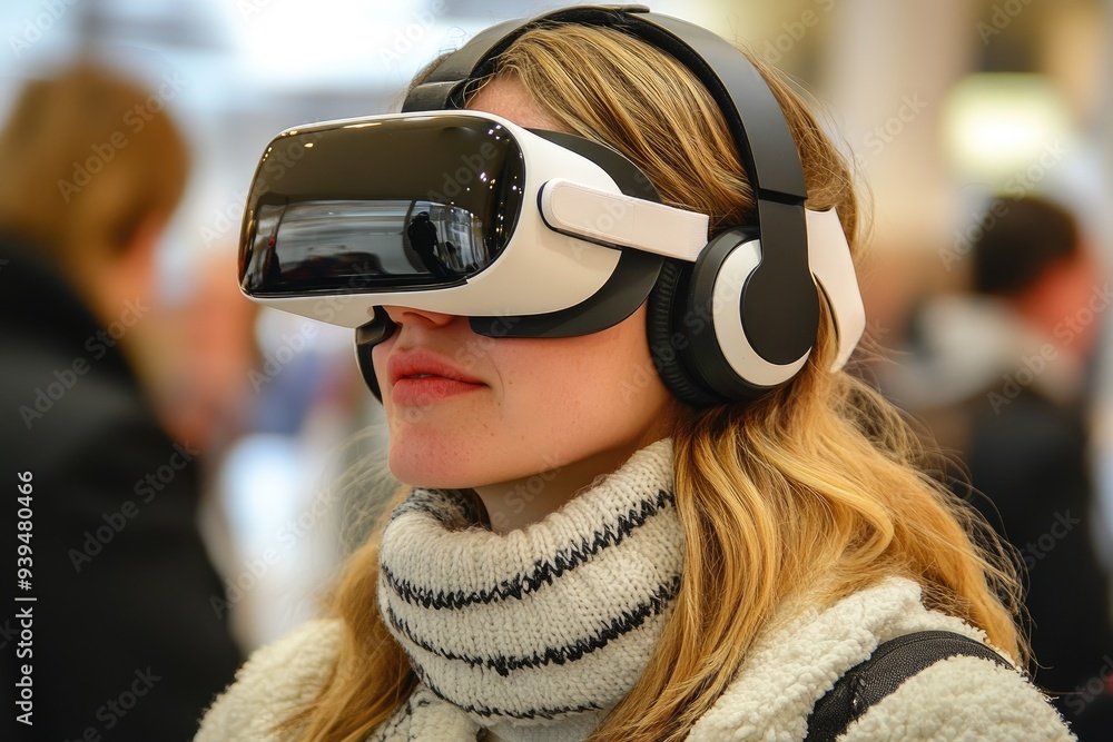 Woman Experiencing Virtual Reality with a Headset Woman Experiencing Virtual Reality with a Headset
