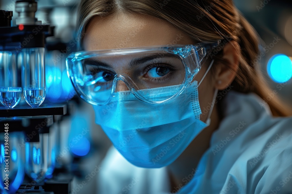 Woman in a Lab Coat with Safety Goggles and a Mask Looking at Test Tubes Woman in a Lab Coat with Safety Goggles and a Mask Looking at Test Tubes
