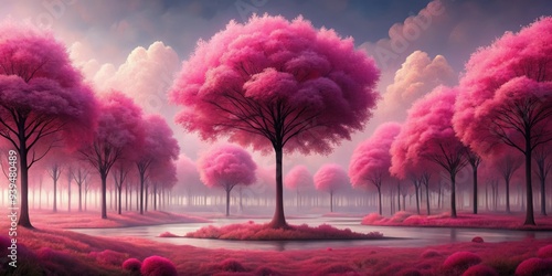 Painting of a surreal pink forest with pink trees, pink, forest, pink trees, painting, surreal, landscape, art, nature