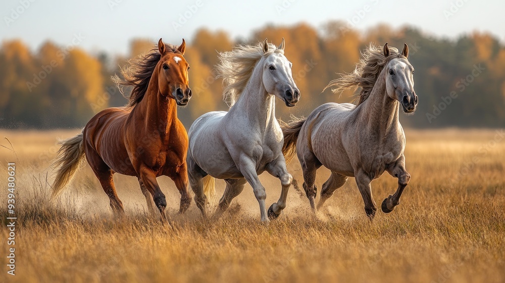 Obraz premium Three Horses Running Through a Golden Field