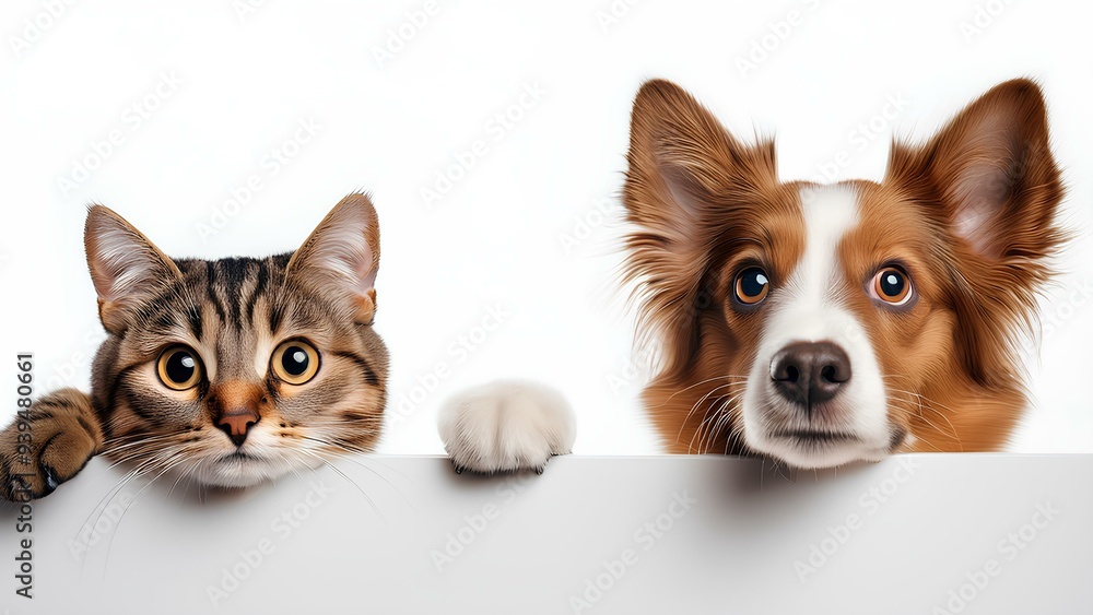 Pets close-up, on a white background. Dog and cat peeking out from behind a white board. Pets close-up, on a white background. Dog and cat peeking out from behind a white board.
