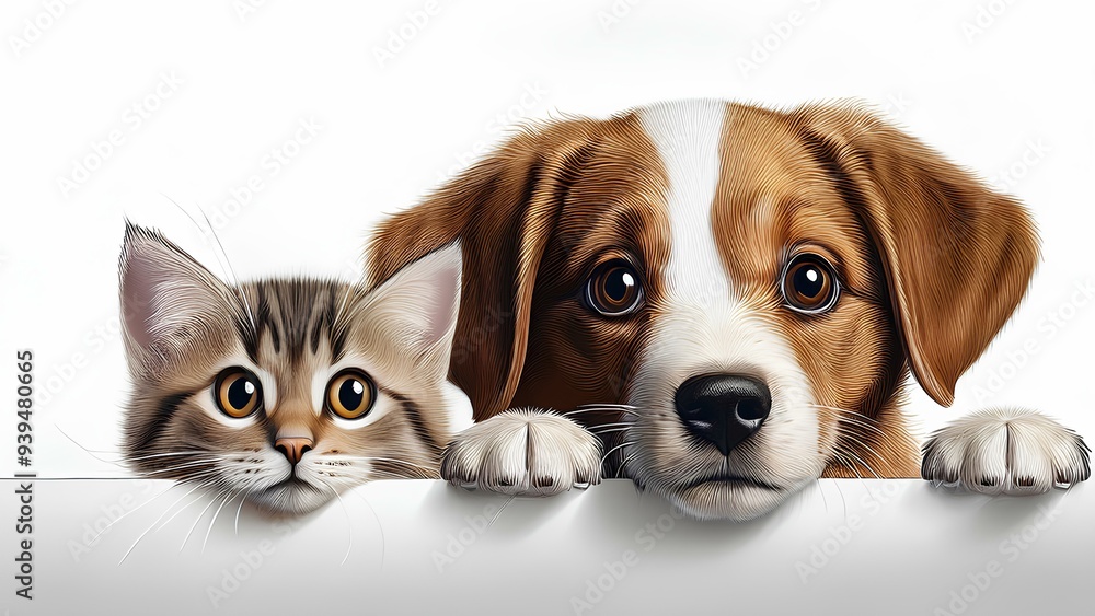 Pets close-up, on a white background. Dog and cat peeking out from behind a white board. Pets close-up, on a white background. Dog and cat peeking out from behind a white board.