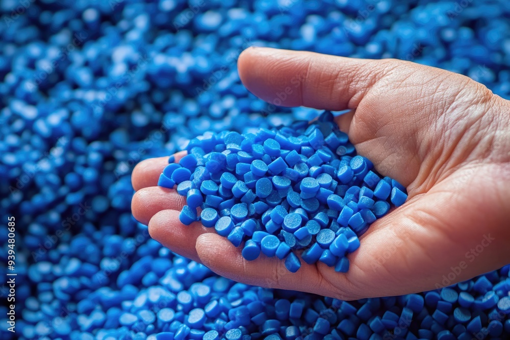 Blue Resin Pellets. Close-up of Polymer Granules with Chemical Compound Design Blue Resin Pellets. Close-up of Polymer Granules with Chemical Compound Design