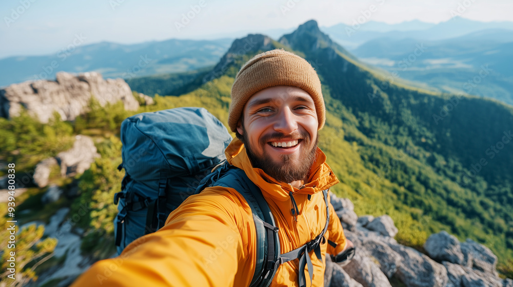 A young hiker man taking a vertical selfie portrait on the summit of a mountain, with a breathtaking view in the background. The happy guy is smiling at the camera. Ai generated A young hiker man taking a vertical selfie portrait on the summit of a mountain, with a breathtaking view in the background. The happy guy is smiling at the camera. Ai generated