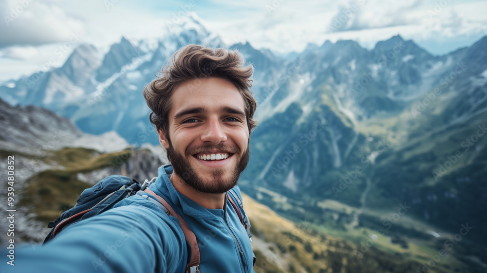 A young hiker man taking a vertical selfie portrait on the summit of a mountain, with a breathtaking view in the background. The happy guy is smiling at the camera. Ai generated A young hiker man taking a vertical selfie portrait on the summit of a mountain, with a breathtaking view in the background. The happy guy is smiling at the camera. Ai generated