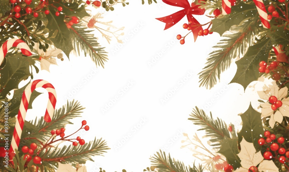 Candy Cane Border Frame with christmas wreath isolated on white Candy Cane Border Frame with christmas wreath isolated on white