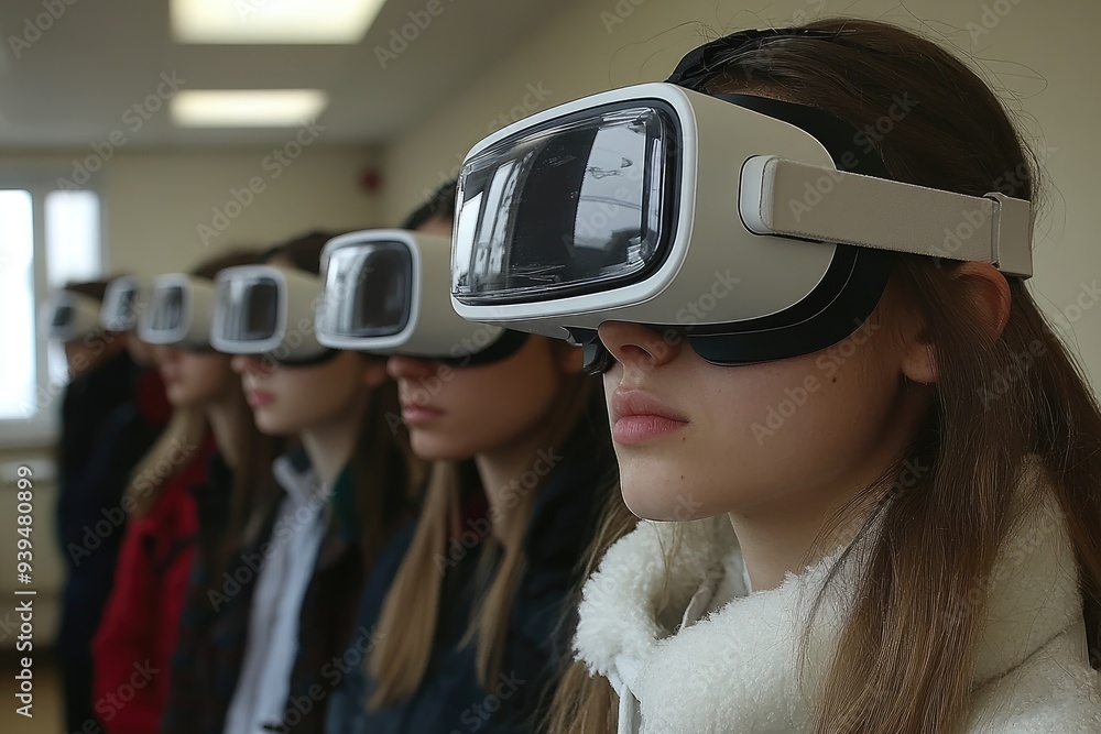 Young woman wearing VR headset, focused on virtual reality experience. Young woman wearing VR headset, focused on virtual reality experience.