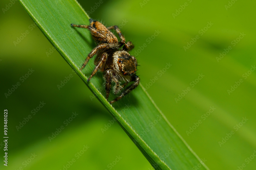Fototapeta premium 蓮の葉の上で獲物を探すハエトリグモ
