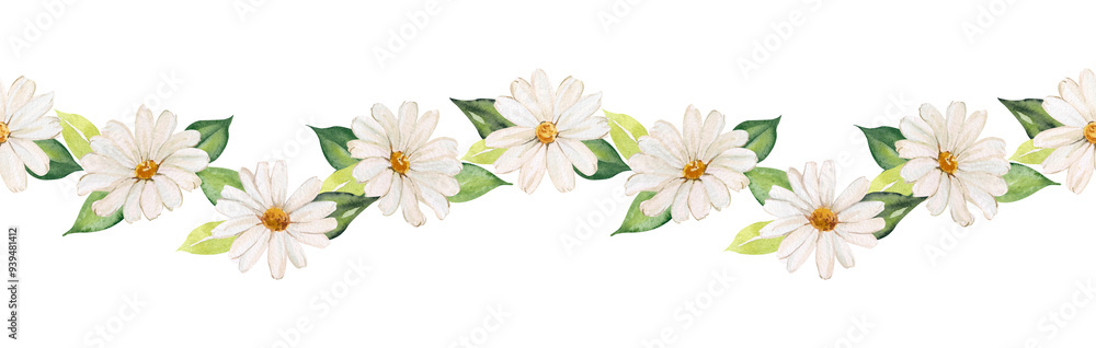 Obraz premium Watercolor seamless border garland from chamomile and leaves. Botanical garland of daisy flower and greenery. Design and festive decoration of cards. invitations. Summer botanical illustration