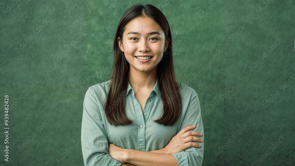 Confident Young Asian School Teacher : Professional Portrait with Friendly Smile Green Background Confident Young Asian School Teacher : Professional Portrait with Friendly Smile Green Background