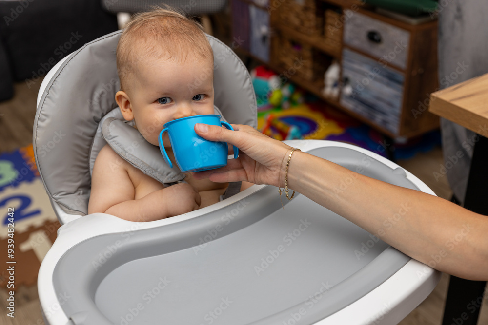 Fototapeta premium małe dziecko siedzące w szarym krzesełku do karmienia. Dorosła osoba podaje mu niebieski kubeczek, z którego dziecko pije. Dziecko ma jasne włosy i niebieskie oczy.
