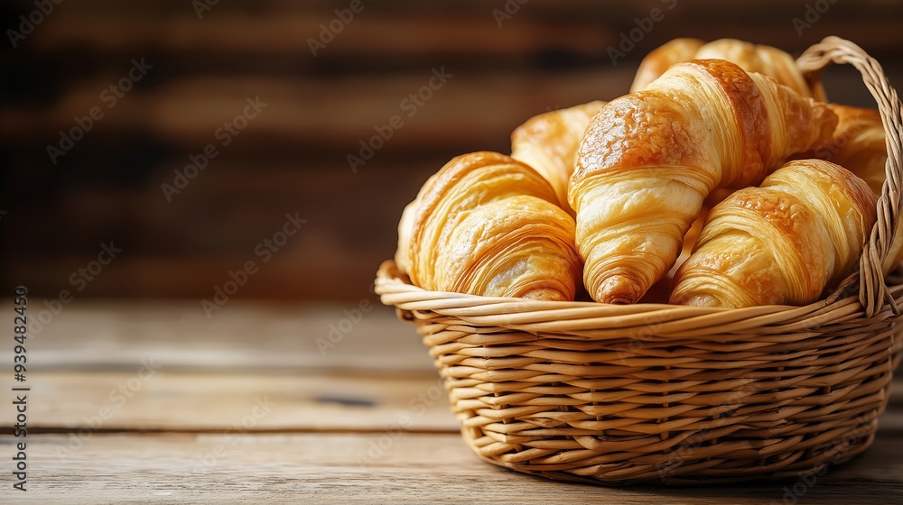 fresh croissants in a basket on wooden background. fresh croissants in a basket on wooden background.
