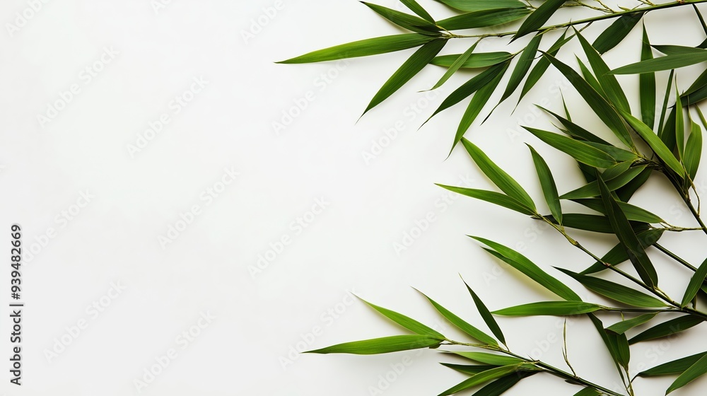 Fototapeta premium Bamboo leaves on a white backdrop with copy space image.